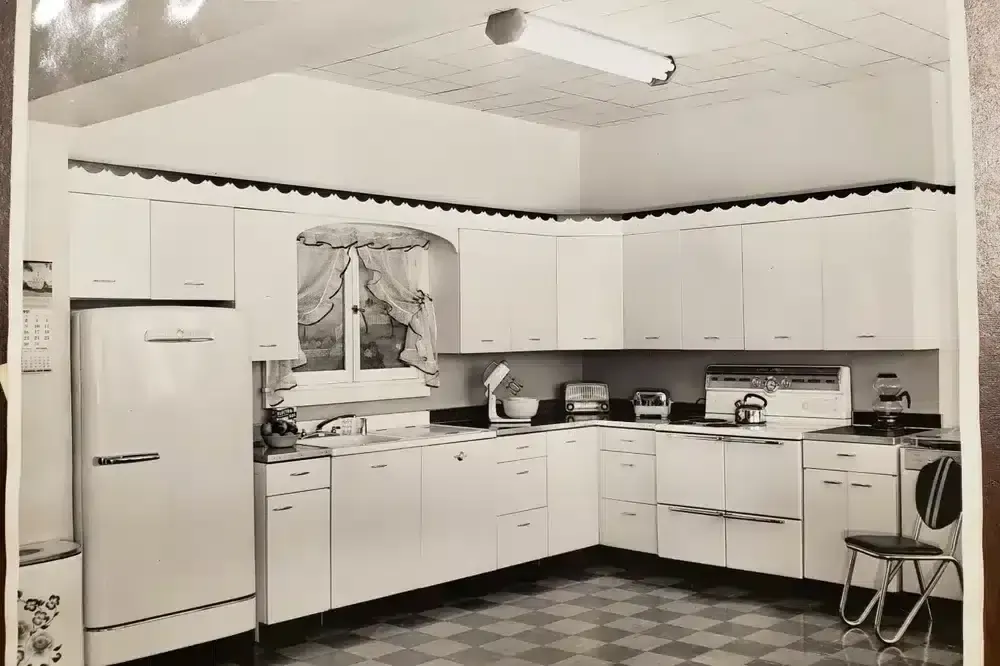 a vintage kitchen photo in black and white