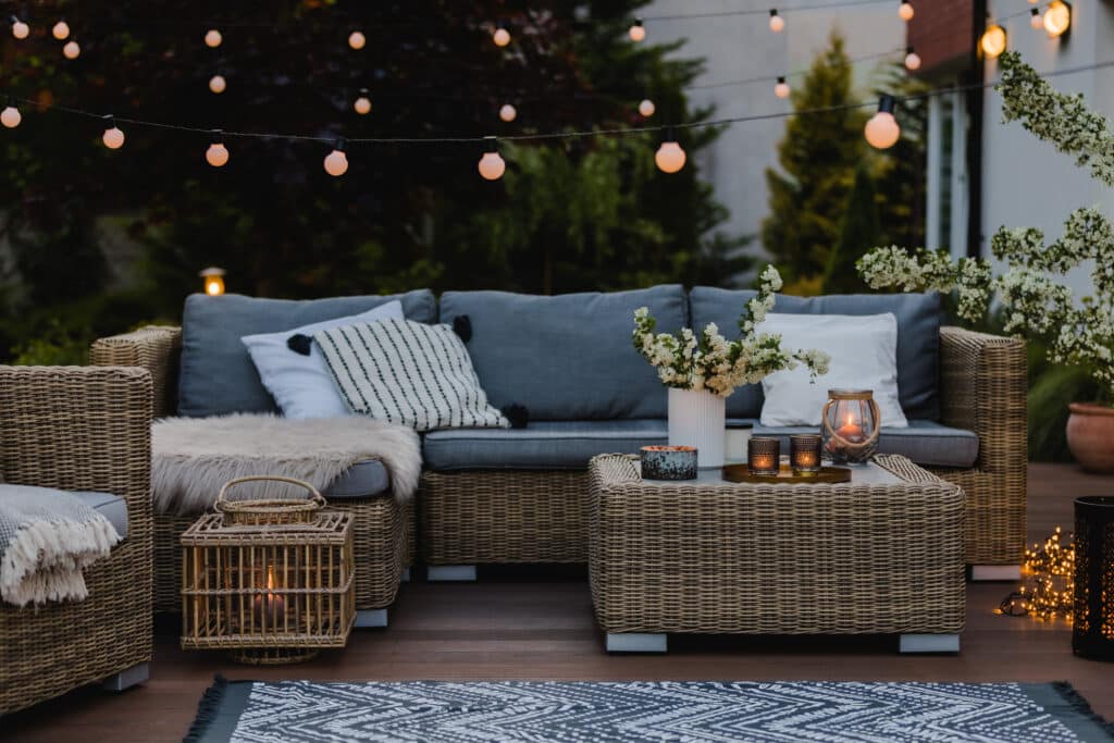 outdoor sofa and lights